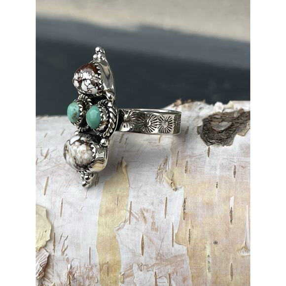 STERLING Silver NATIVE Style SW Wild Horse TURQUOISE Cluster Ring Adj 925 - Picture 3 of 9